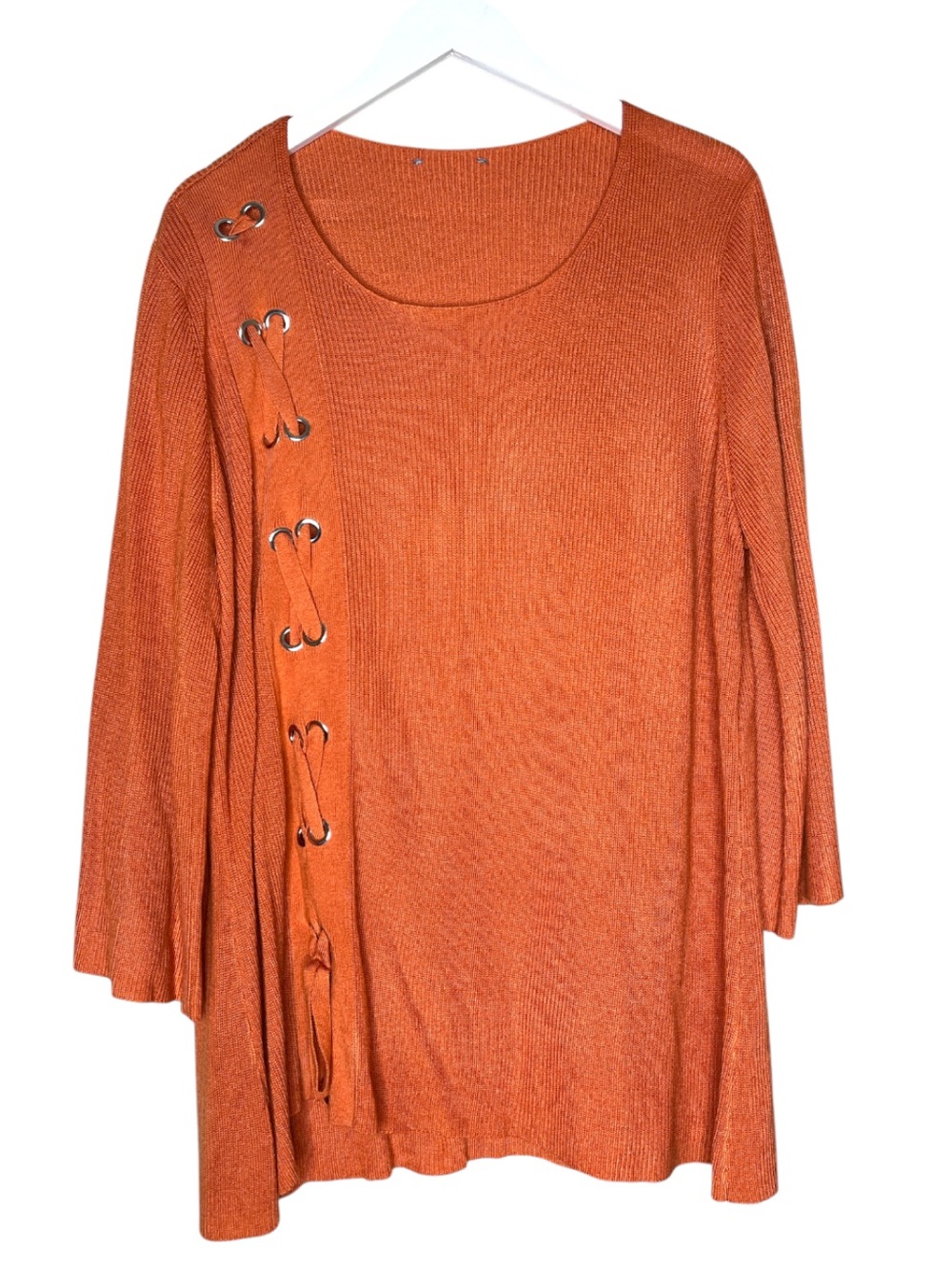 JM COLLECTION Plus Cozy Fall Orange Ribbed Sweater Top 3X Lace-Up Grommet